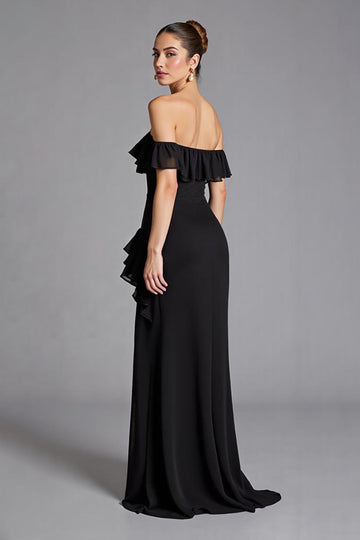 Black Off the Shoulder Ruffled Chiffon Long Formal Dress with Slit